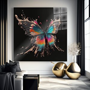 Renkli Kelebek Cam Tablo | Modern Duvar Sanatı, Uv Baskı, Salon Ve Ofis Dekoru 40x40 cm