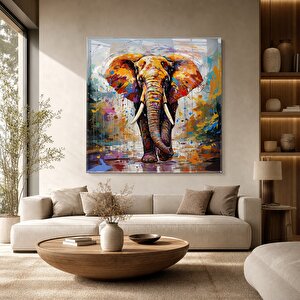 Renkli Soyut Fil Cam Tablo | Hayvan Temalı Modern Duvar Sanatı, Uv Baskı, Salon Ve Ofis Dekoru 90x90 cm