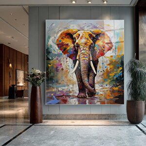 Renkli Soyut Fil Cam Tablo | Hayvan Temalı Modern Duvar Sanatı, Uv Baskı, Salon Ve Ofis Dekoru 90x90 cm