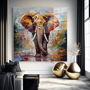 Renkli Soyut Fil Cam Tablo | Hayvan Temalı Modern Duvar Sanatı, Uv Baskı, Salon Ve Ofis Dekoru 60x60 cm