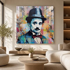 Modern Charlie Chaplin Cam Tablo | Modern Duvar Sanatı, Uv Baskı, Salon Ve Ofis Dekoru 40x40 cm