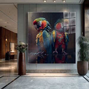 Renkli Makav Papağanları Cam Tablo | Hayvan Temalı Modern Duvar Sanatı, Uv Baskı 90x90 cm