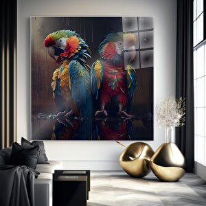 Renkli Makav Papağanları Cam Tablo | Hayvan Temalı Modern Duvar Sanatı, Uv Baskı 90x90 cm