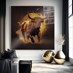 Enerjik Boğa Cam Tablo | Modern Duvar Sanatı, Uv Baskı, Salon Ve Ofis Dekoru 50x50 cm