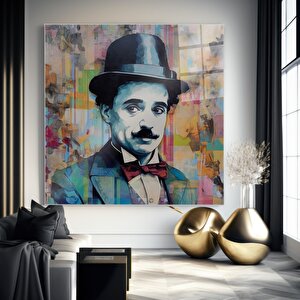 Modern Charlie Chaplin Cam Tablo | Modern Duvar Sanatı, Uv Baskı, Salon Ve Ofis Dekoru 60x60 cm