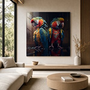 Renkli Makav Papağanları Cam Tablo | Hayvan Temalı Modern Duvar Sanatı, Uv Baskı 40x40 cm