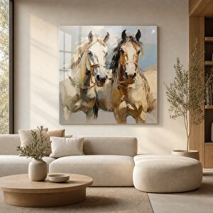 İkili At Cam Tablo | Hayvan Temalı Modern Duvar Sanatı, Uv Baskı, Salon Ve Ofis Dekoru 70x70 cm