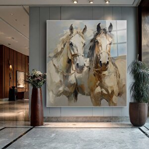 İkili At Cam Tablo | Hayvan Temalı Modern Duvar Sanatı, Uv Baskı, Salon Ve Ofis Dekoru 70x70 cm