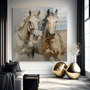 İkili At Cam Tablo | Hayvan Temalı Modern Duvar Sanatı, Uv Baskı, Salon Ve Ofis Dekoru 50x50 cm