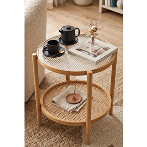 Bambu Temperli Camlı Rattan Raflı Yuvarlak Yan Sehpa 45*45cm