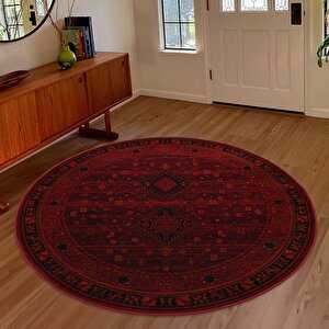 Afgan Türkmen Otantik Desenli Dokuma Bordo Yuvarlak Oturma Odası Salon Mutfak Halısı 2959h 180x180 cm