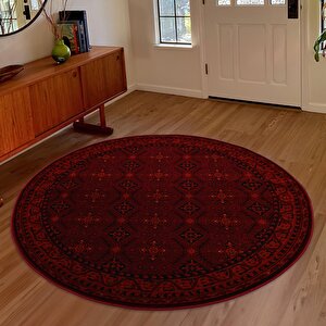 Afgan Türkmen Otantik Desenli Dokuma Bordo Yuvarlak Oturma Odası Salon Mutfak Halısı 6919b 160x160 cm