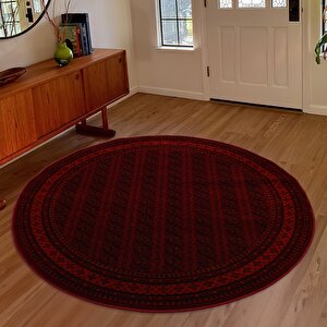 Afgan Türkmen Otantik Desenli Dokuma Bordo Yuvarlak Oturma Odası Salon Mutfak Halısı 9581b 160x160 cm