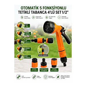 Otomatik 5 Fonksiyonlu Tetikli Bahçe Sulama Tabancası 4'lü Set 1/2" – Musluk Adaptörü + 2 Adet Jak Girişi | Bahçe, Araç Ve Temizlik İçin