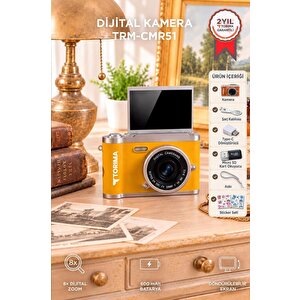 Mini Dijital Retro Kamera 48mp 8x Zoom Flip Ekranlı Selfie Video Vlog Kamerası Cmr51 Sarı Sarı