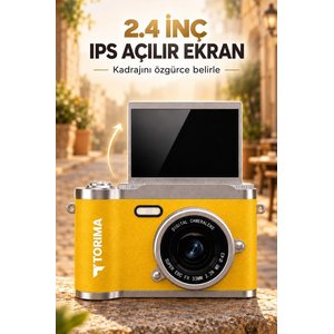 Mini Dijital Retro Kamera 48mp 8x Zoom Flip Ekranlı Selfie Video Vlog Kamerası Cmr51 Sarı Sarı