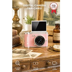 Mini Dijital Retro Kamera 48mp 8x Zoom Flip Ekranlı Selfie Video Vlog Kamerası Cmr51 Pembe Pembe