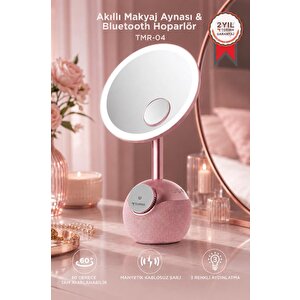 Bluetooth Hoparlör Led Işıklı Makyaj Aynalı Kablosuz Şarj Cihazı Trm04 Rose Gold