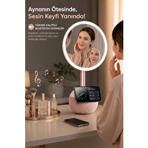 Bluetooth Hoparlör Led Işıklı Makyaj Aynalı Kablosuz Şarj Cihazı Trm04 Rose Gold