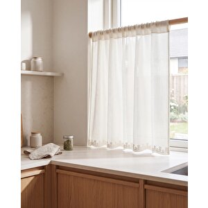 Ekru Keten Tül Perde İşlemeli Etek Ucu Rod Pocket Dikim Özel Ölçü 250x270 cm