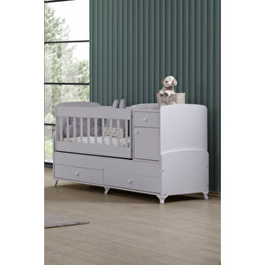 Beşik, Elegant Çekmeceli Dolaplı Sallanan Büyüyen Beşik 60x120 / 60x160 - Beyaz