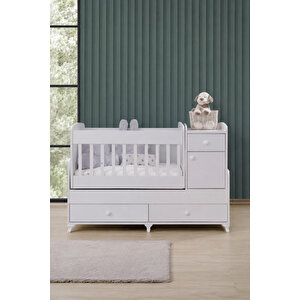 Beşik, Elegant Çekmeceli Dolaplı Sallanan Büyüyen Beşik 60x120 / 60x160 - Beyaz