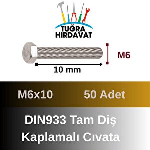 Çelik Cıvata 6x10 Din933 Beyaz 50 Adet 8.8 Altıköşe