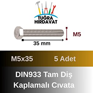 Çelik Cıvata 5x35 Din933 Beyaz 5 Adet 8.8 Altıköşe