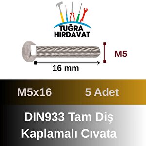 Çelik Cıvata 5x16 Din933 Beyaz 5 Adet 8.8 Altıköşe