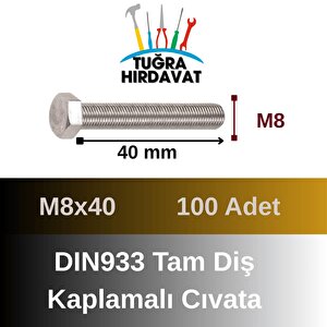 Çelik Cıvata 8x40 Din933 Beyaz 100 Adet 8.8 Altıköşe