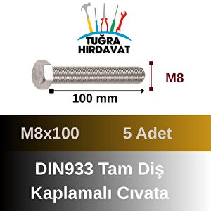Çelik Cıvata 8x100 Din933 Beyaz 5 Adet 8.8 Altıköşe