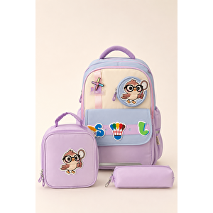 Ccs Kids Kız Çocuk İlkokul Okul Çantası 3'lü Set Beslenme Çantası Kalemlik Ortopedik Çok Gözlü Lila