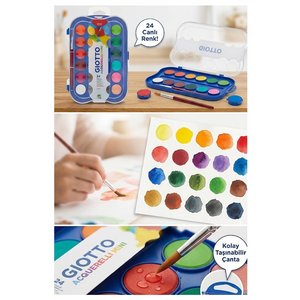 24 Renk Sulu Boya 30mm 1 Paket Giotto 24 Lü Suluboya Fırça Hediyeli Canlı Renkler Acquerelli Kaliteli Yıkanabilir