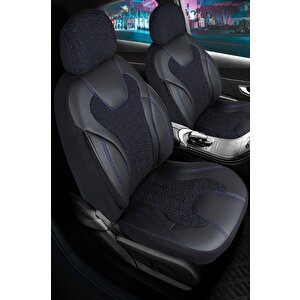 Renault Laguna 2 Deri Detaylı Oto Koltuk Kılıfı Ön Arka Set Siyah Mavi Siena Seri Şhn