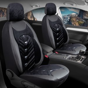 Seat Leon Style Plus Deri Kadife Detaylı Oto Koltuk Kılıfı Ön Arka Set Siyah Gri Prosev Seri