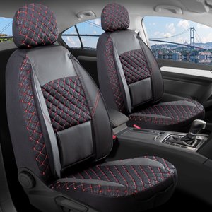 Volkswagen Polo Impression Deri Detaylı Oto Koltuk Kılıfı Ön Arka Set Alpine Siyah Kırmızı Şhn