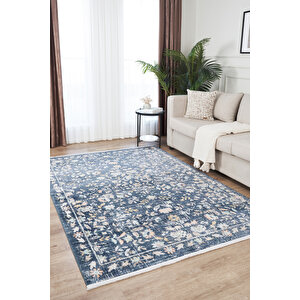 Rustik 2224 Klasik Vintage Eskitme Salon Mavi Country Mutfak Halısı Tozumaz Yumuşak Makine Halısı 120x180 cm