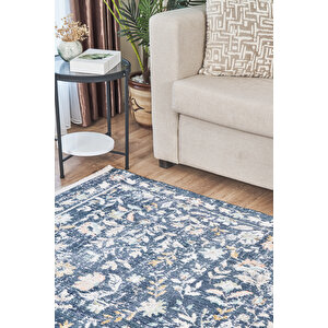 Rustik 2224 Klasik Vintage Eskitme Salon Mavi Country Mutfak Halısı Tozumaz Yumuşak Makine Halısı 120x180 cm