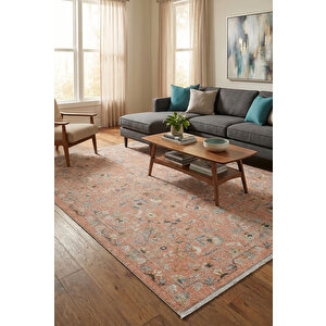 Rustik 2227 Klasik Vintage Eskitme Salon Turuncu Mutfak Halısı Tozumaz Yumuşak Makine Halısı 200x290 cm