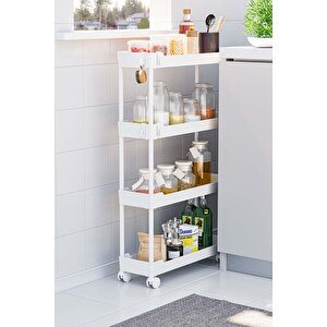 Beyaz 4 Katlı Tekerlekli Dar Düzenleyici Mutfak Ve Banyo Rafı Vesken