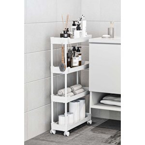 Beyaz 4 Katlı Tekerlekli Dar Düzenleyici Mutfak Ve Banyo Rafı Vesken
