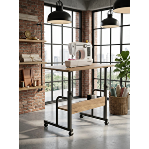 Atlas Yüksekliği Ayarlanabilir Dikiş Makinesi Sehpası Tekerlekli Çok Amaçlı Çalışma Masası Raflı 70x40 Cm
