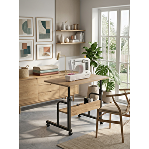 Atlas Yüksekliği Ayarlanabilir Dikiş Makinesi Sehpası Tekerlekli Çok Amaçlı Çalışma Masası Raflı 70x40 Cm
