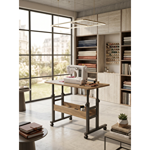 Atlas Yüksekliği Ayarlanabilir Dikiş Makinesi Sehpası Tekerlekli Çok Amaçlı Çalışma Masası Raflı 80x40 Cm