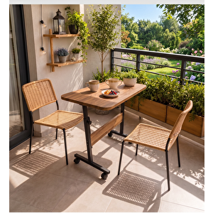 60x40 Cm Dar Balkon Kahvaltı Sehpası – Tekerlekli Çok Amaçlı Ahşap Balkon Masası