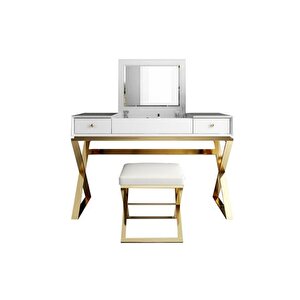 Alisha Makyaj Masasi Ve Tabure, Gold Metal Beyaz