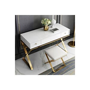 Alisha Makyaj Masasi Ve Tabure, Gold Metal Beyaz