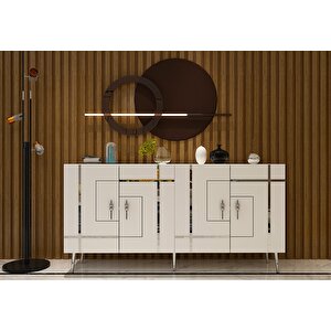 Kb-150 Line Konsol, Çok Amaçlı Dolap, Kahve Köşesi Beyaz Gümüş