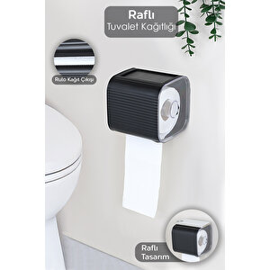 Yapışkanlı Kapalı Tuvalet Kağıtlığı - Plastik Banyo Wc Tuvalet Kağıtlık Raflı Peçetelik Siyah