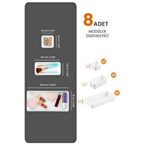 8'li Kozmetik Takı Düzenleyici Makyaj Organizer - Tasarım Çekmece İçi Organizer Kutu Beyaz